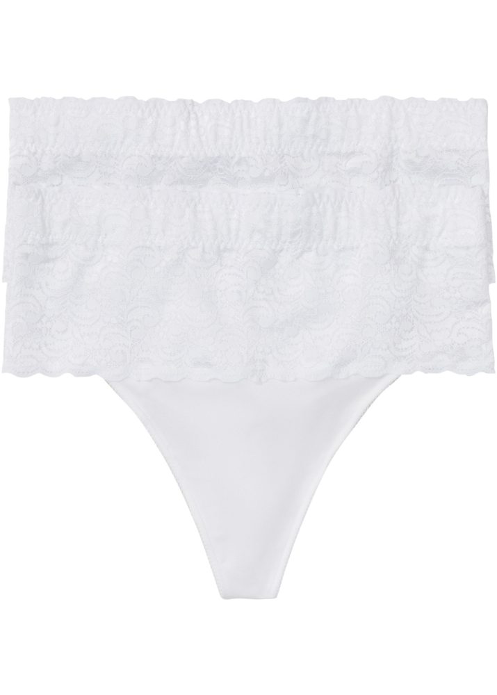 bonprix String Packung, 2 Stk. mit breitem Spitzenbund, elastisches Material, figurbetonte Passform