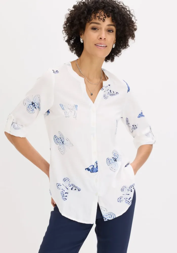 bonprix Druckbluse 1 figurumspielende Tunika-Passform, aus Viskose, Krempelärmel