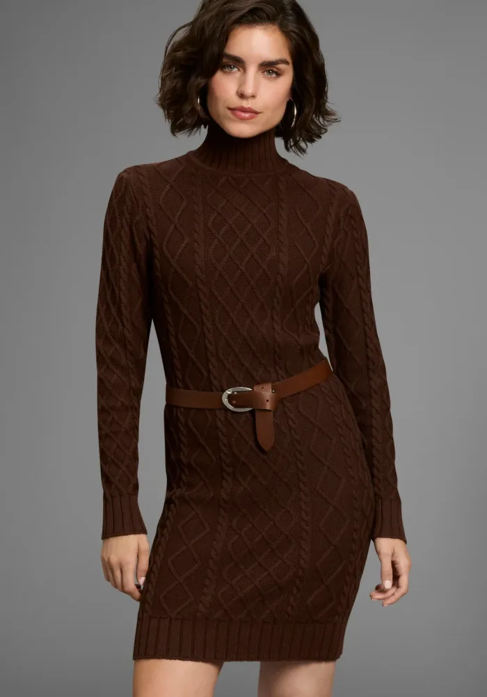 Laura Scott Strickkleid mit Zopfstrickmuster und Stehkragen