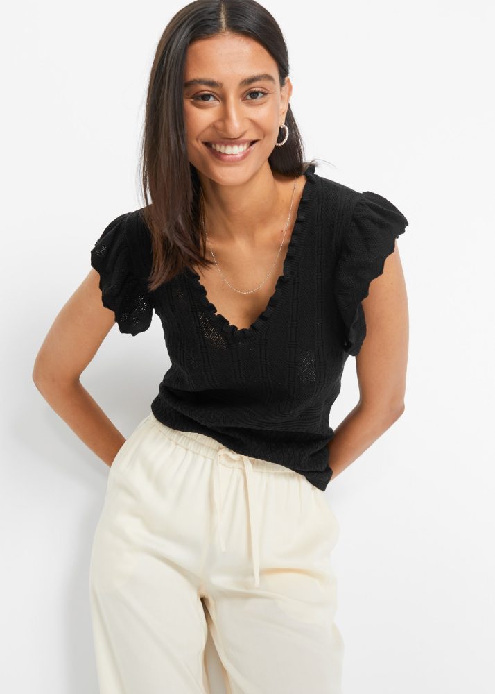 bonprix Strickpullover Ajour-Strick mit hohem Viskoseanteil, ärmellos mit Volant