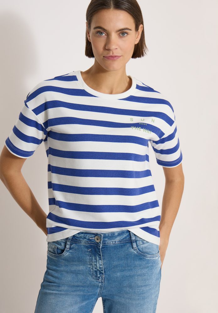 Cecil Kurzarmshirt Sommershirt mit Streifen und Wording-Detail