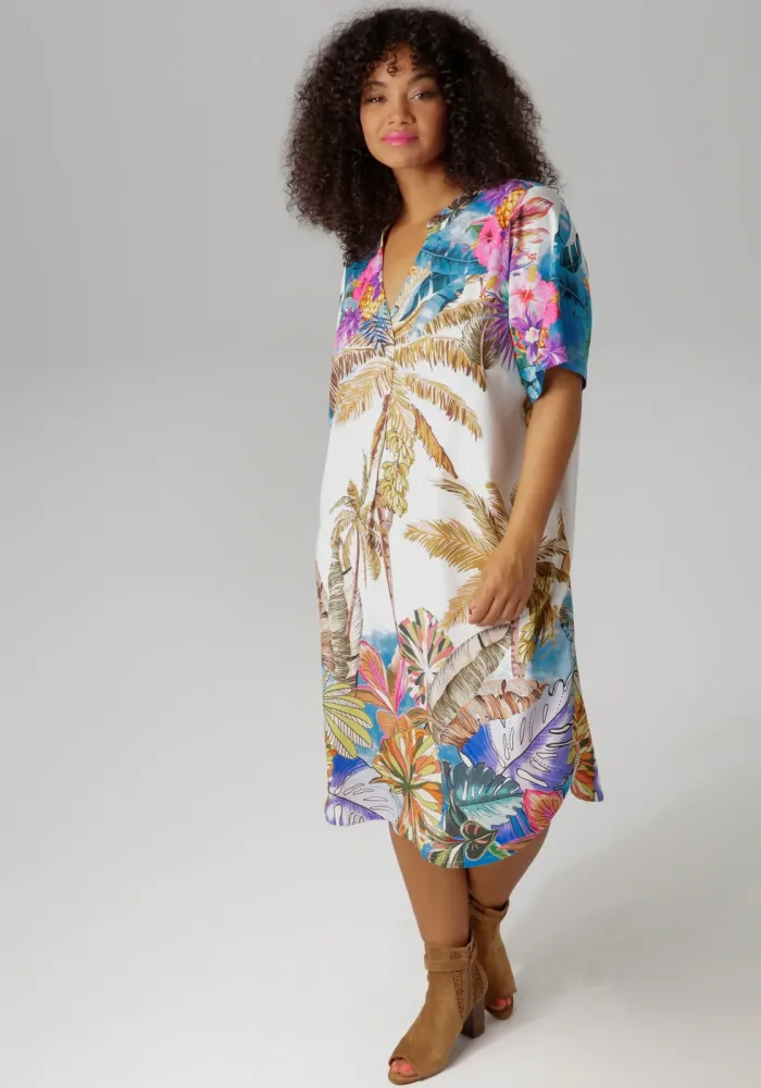 Aniston PLUS Blusenkleid mit farbenfrohem, grossflächigem Palmendruck