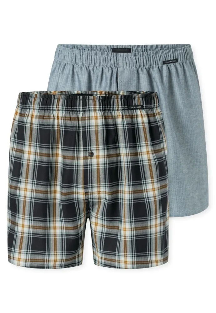 Schiesser Boxershorts mit Knopfleiste 2er-Pack Bunt kariert - Boxershorts Multipacks für Herren, Größe M, 100 % Baumwolle