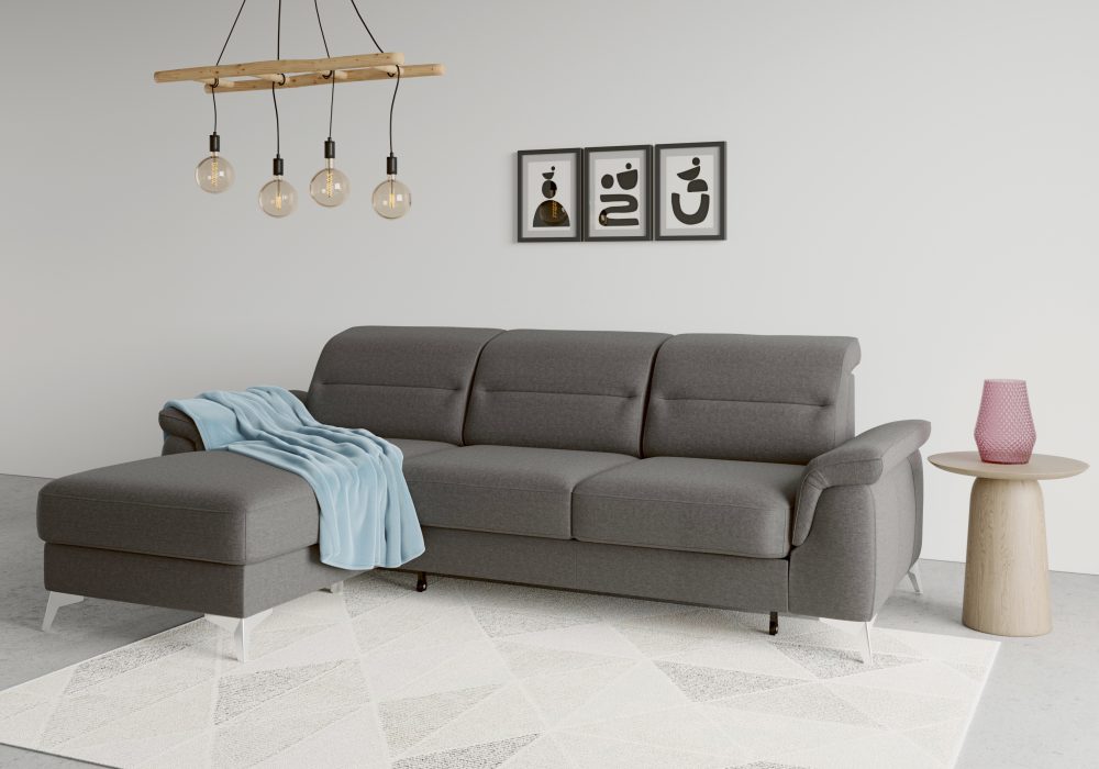 sit&more Ecksofa »Sinatra«, mit Recamiere, optinal mit Kopfteilverstellung und Armteilfunktion oder Kopfteilverstellung, Armteilfunktion, Bettfunktion und Bettkasten, chromfarbene Metallfüsse