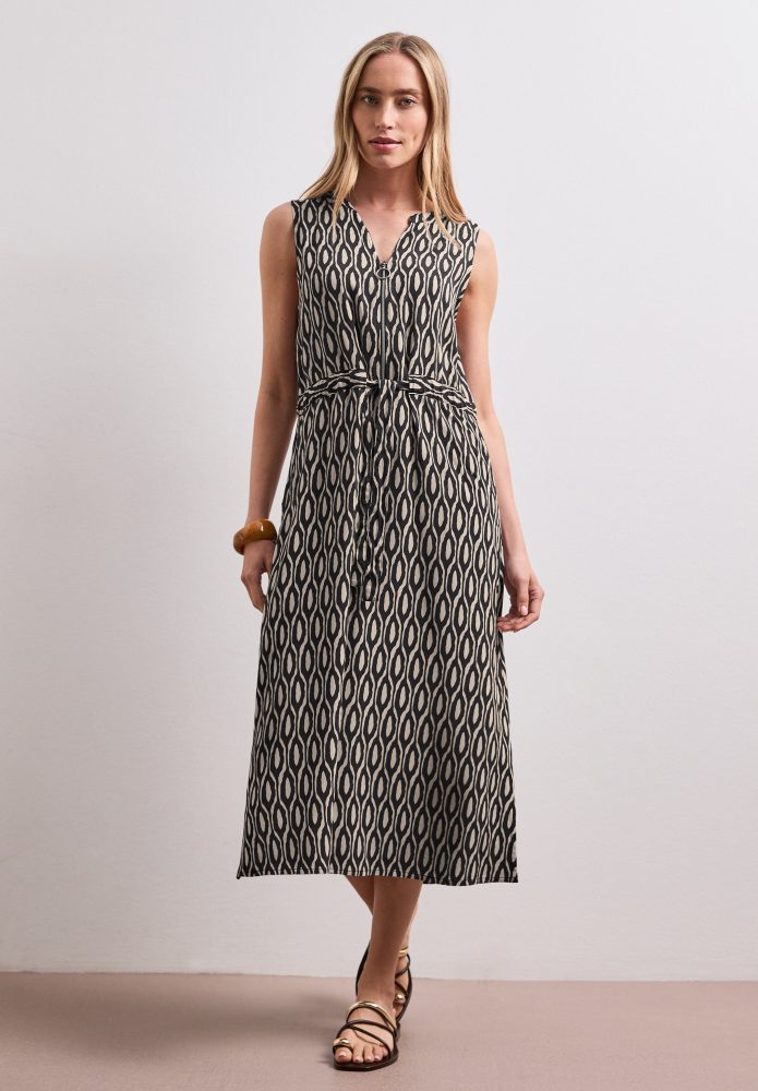 STREET ONE Midikleid Eingrifftaschen Sommerkleid mit grafischem Muster/Split Neck mit Zipperdetail