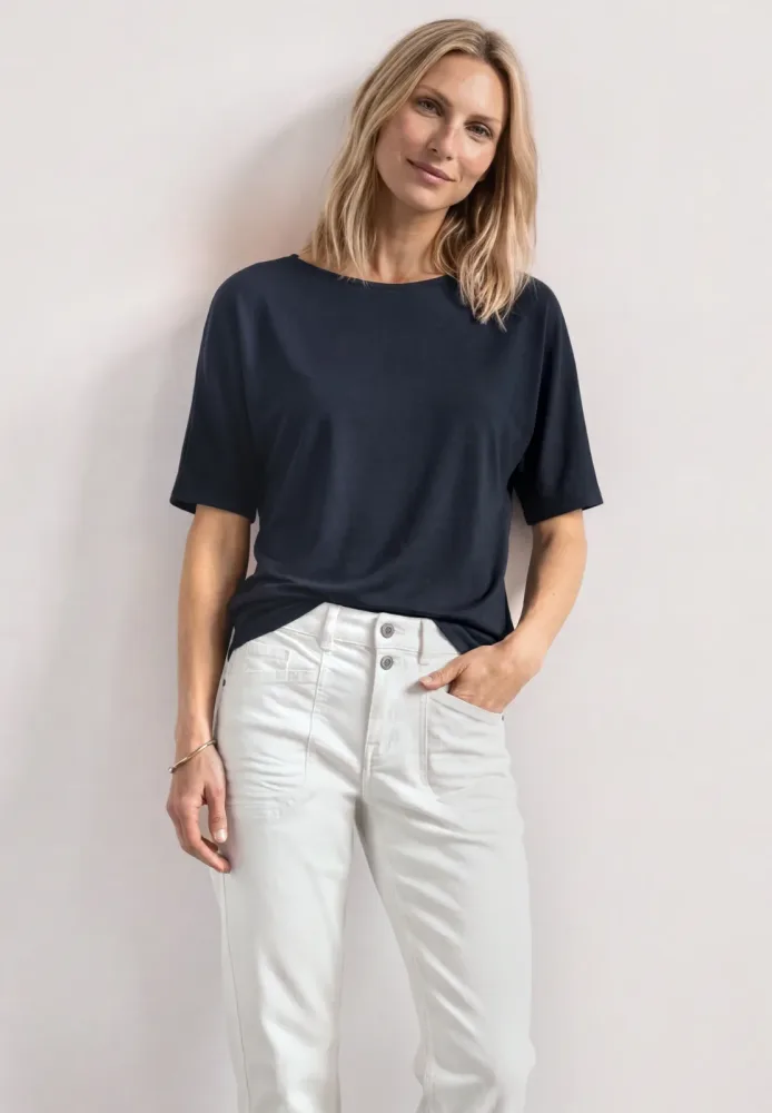 STREET ONE Rundhalsshirt Sommershirt mit Boat Neck und Elastikbund