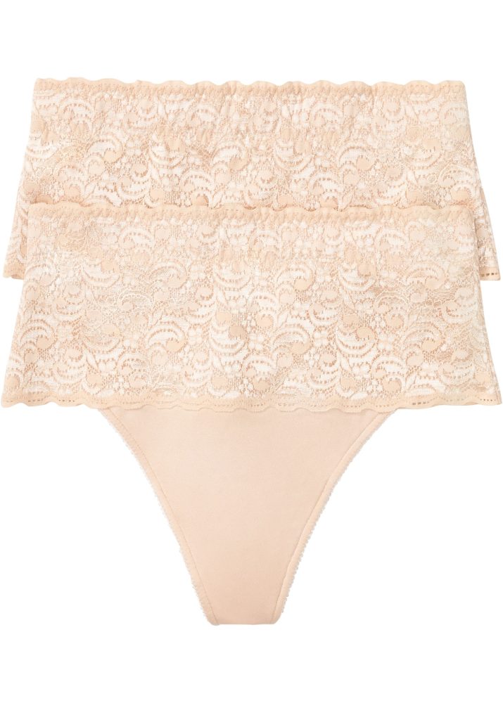 bonprix String Packung, 2 Stk. mit breitem Spitzenbund, elastisches Material, figurbetonte Passform
