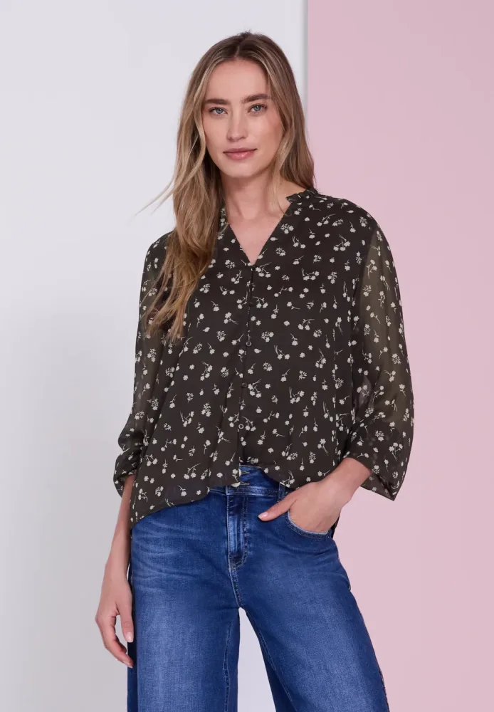 Langarm Chiffon-Bluse mit Split Neck