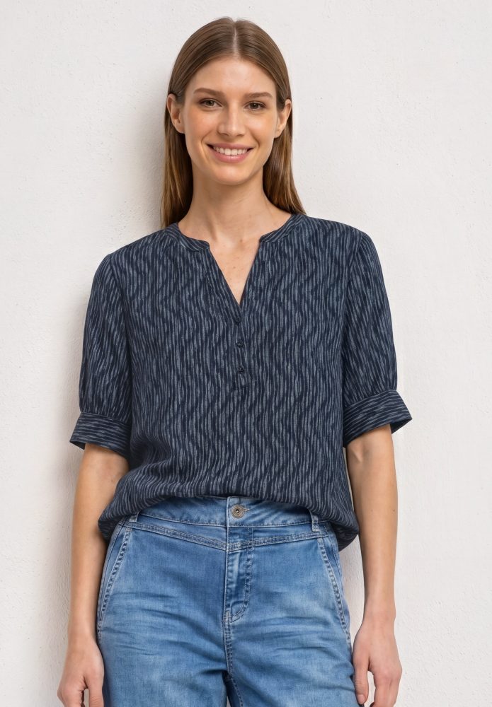 Kurzarm Bluse mit Split Neck und Elastiksaum