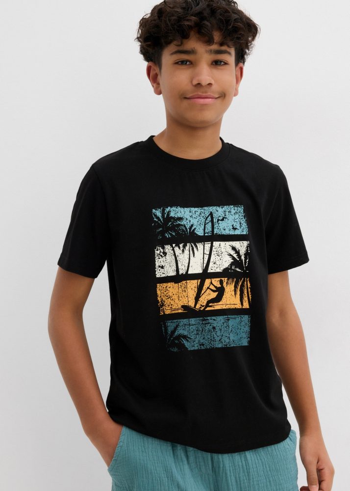 bonprix T-Shirt aus reiner Baumwolle, mit modischem Print, Kurzarm-Design, Regular Fit
