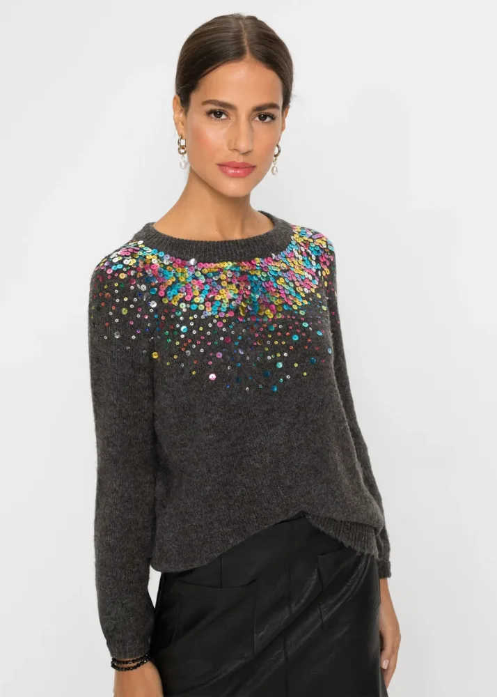 bonprix Strickpullover mit bunten Pailletten, Raglanärmel, bequem, Rundhals-Ausschnitt