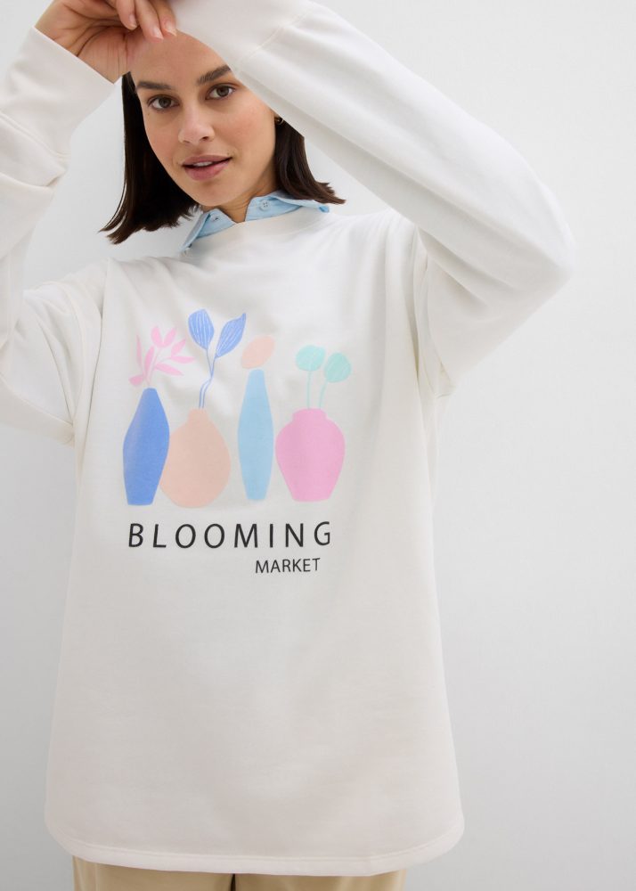bonprix Sweatshirt, mit Langarm, mit Blumen-Druck, mit Seitenschlitzen