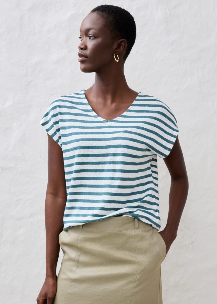 bonprix T-Shirt Oversize Passform, Kurzarm, V-Ausschnitt, aus Leinen, pflegeleicht