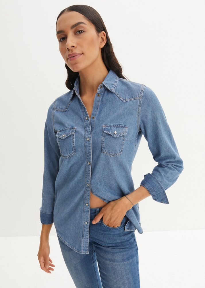 bonprix Jeanshemd bequeme Passform, po-bedeckende Länge, unifarbenes Design