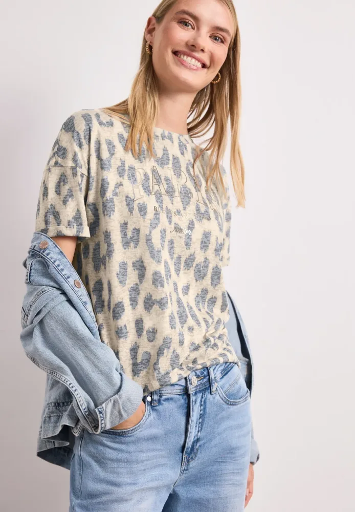 STREET ONE Kurzarmshirt Sommershirt im Ausbrenner-Look mit Leo-Print
