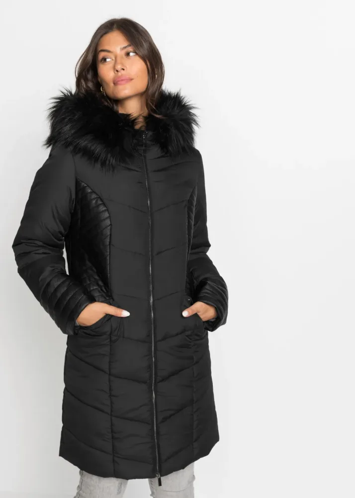 bonprix Steppmantel Kapuze mit abnehmbarem Fellimitat, 2-Wege-Zipper