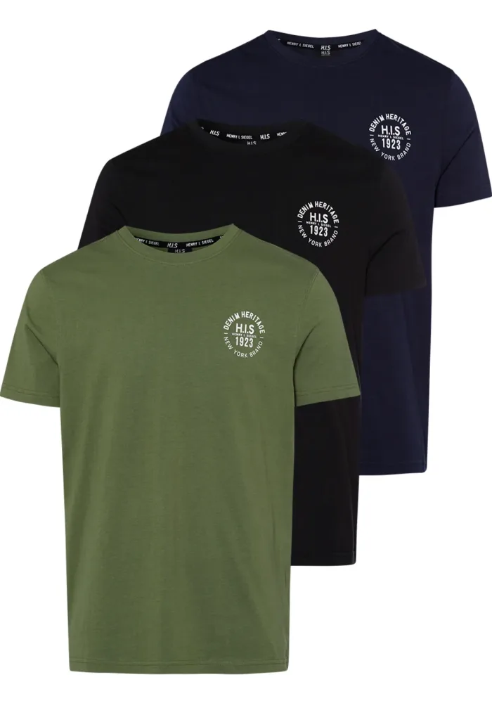 H.I.S T-Shirt Packung, 3er-Pack, 3 Stk. schmal geschnitten, bedrucktes Design, aus 100% Baumwolle