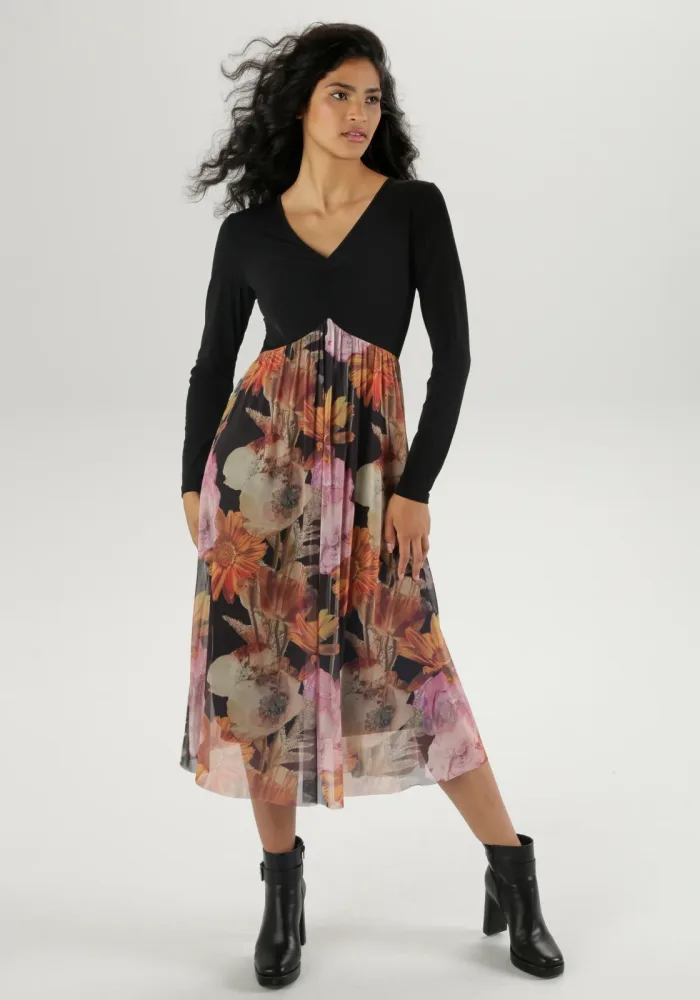 Aniston SELECTED Midikleid mit Raffung am V-Ausschnitt
