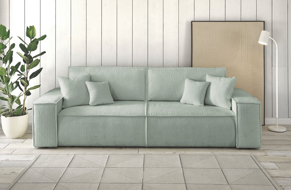 Home affaire 2-Sitzer »CHAMBORD«, Nachts: Schlafsofa (Liegefläche 200x136 cm) mit Bettkasten, tagsüber chilliges 3-Sitzer-Sofa mit 2 losen Rückenkissen und Zierkissen gratis, weicher Boucle-Stoff aus 90% recycelten Fasern!