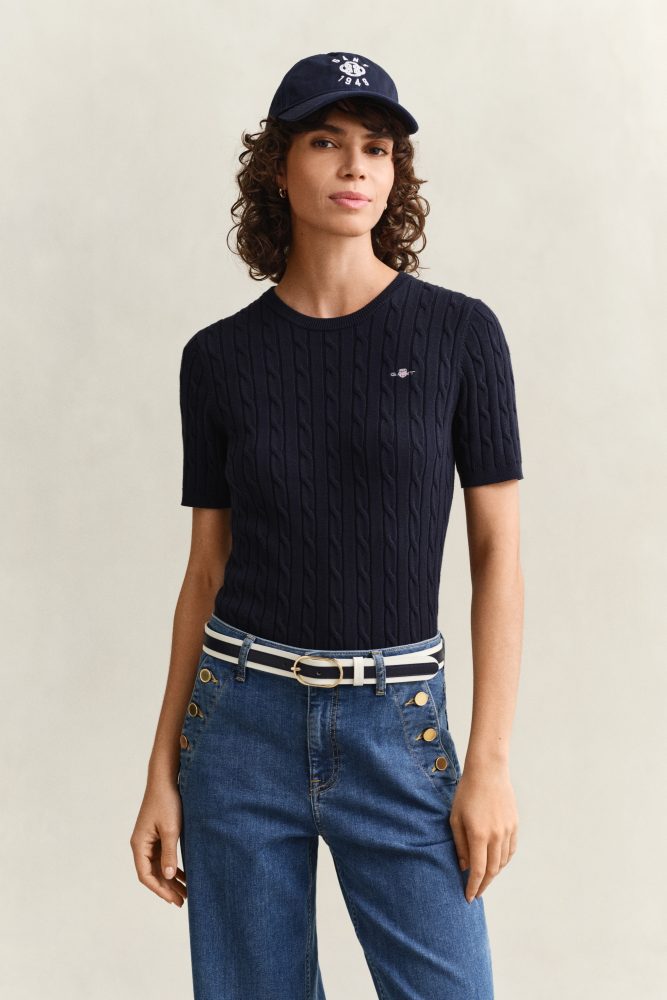 Gant - T-Shirt  1er Pack Bequem sitzend-STRETCH COTTON CABLE C-NECK, für Damen, Blau, Größe XL