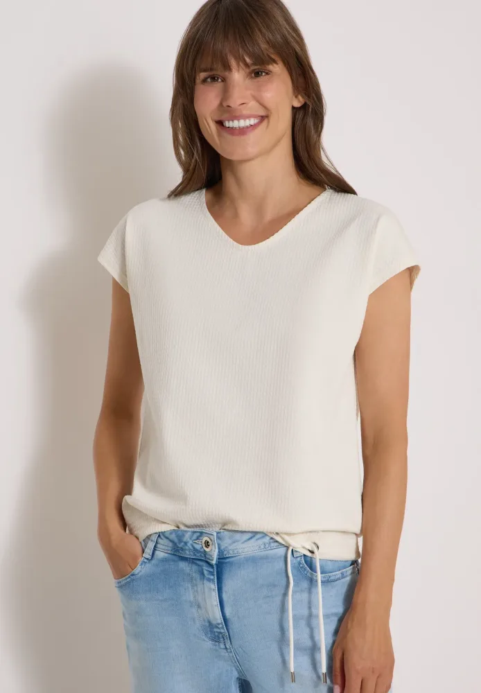 Cecil T-Shirt Sommershirt mit Waffel-Struktur, Baumwollmix, Kordelzug am Saum