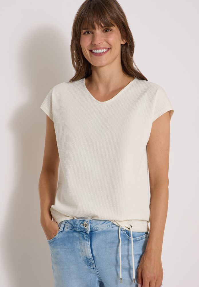 Cecil T-Shirt Sommershirt mit Waffel-Struktur, Baumwollmix, Kordelzug am Saum