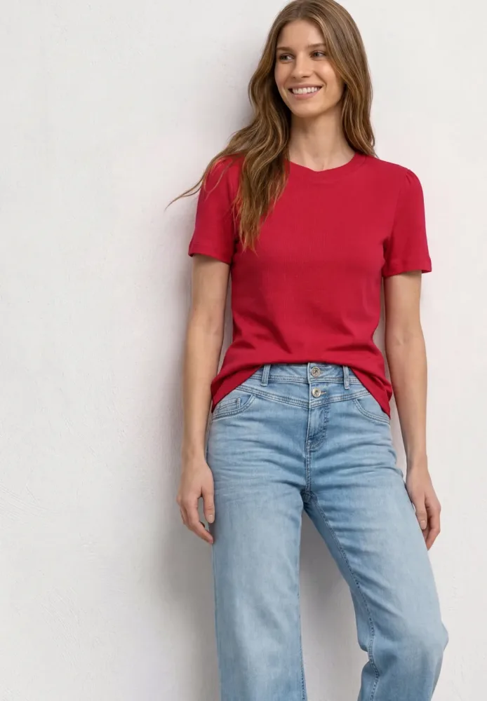 STREET ONE Kurzarmshirt Sommershirt mit feiner Raffung an den Ärmeln