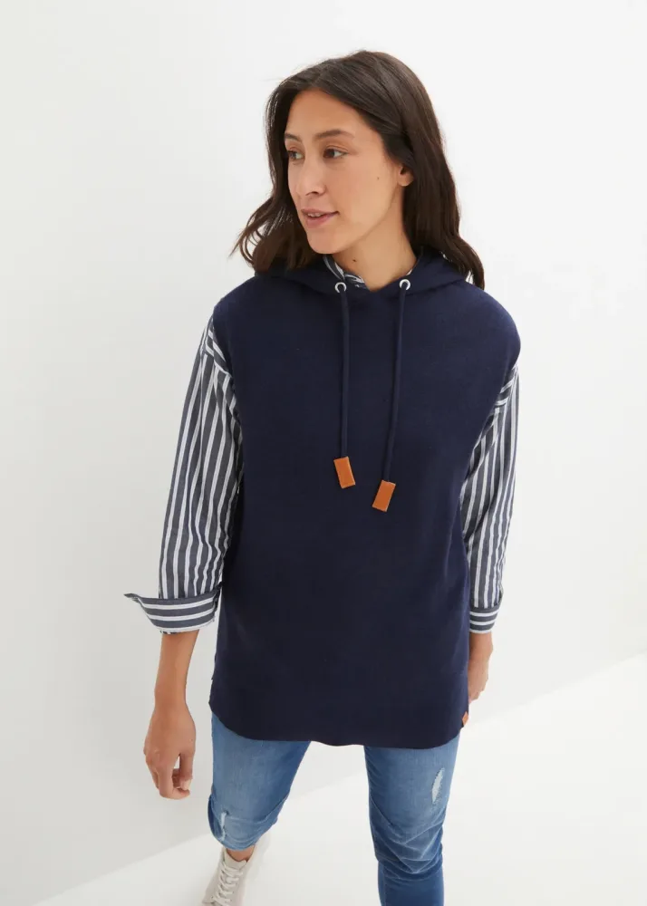 bonprix Pullunder mit Stehkragen und Kapuze, Oversize Passform, melierte Optik