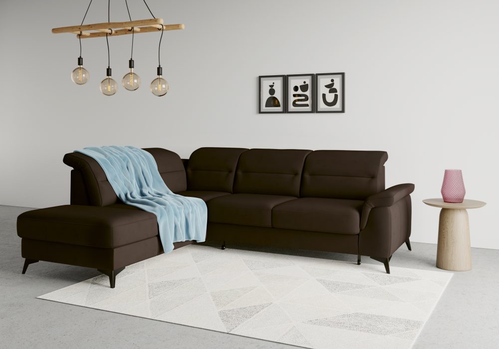 sit&more Ecksofa »Sinatra«, mit Ottomane, optional mit Kopfteilverstellung und Armteilfunktion oder mit Kopfteilverstellung, Armteilfunktion, Bettfunktion und Stauraum, mattschwarze Metallfüsse