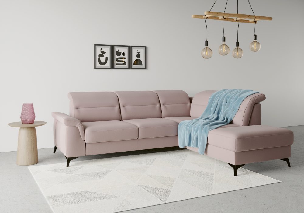 sit&more Ecksofa »Sinatra«, mit Ottomane, optional mit Kopfteilverstellung und Armteilfunktion oder mit Kopfteilverstellung, Armteilfunktion, Bettfunktion und Stauraum, mattschwarze Metallfüsse