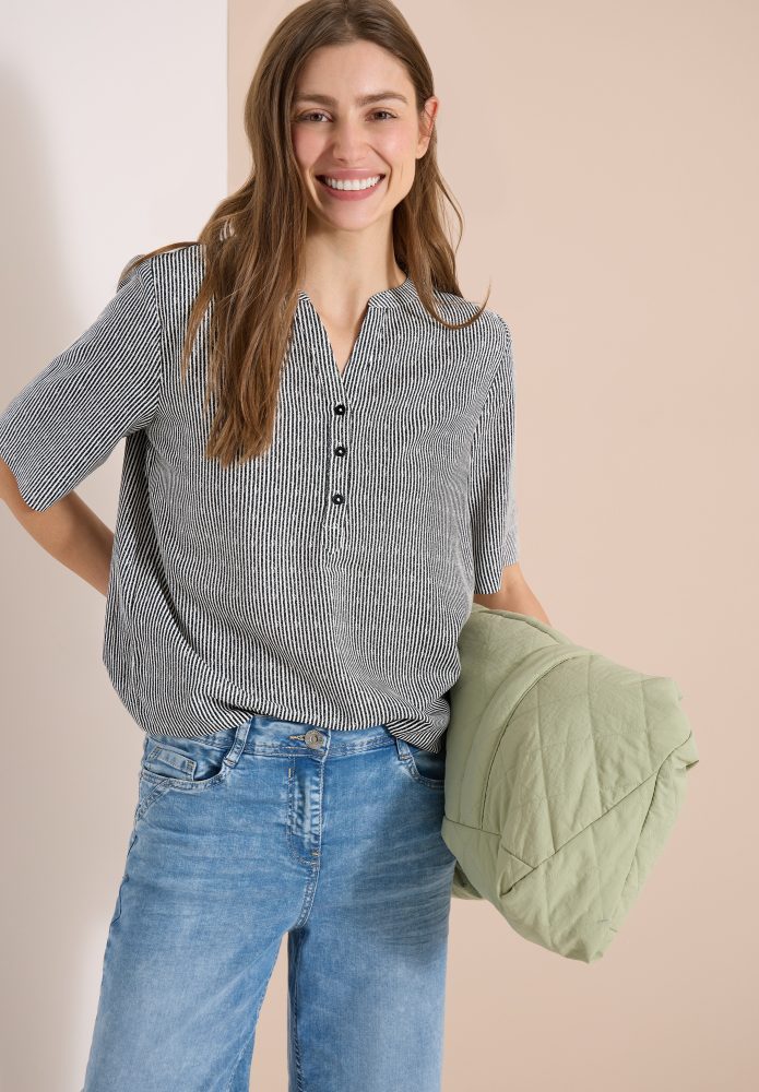Cecil Kurzarmbluse Sommerbluse mit Split Neck und Streifen