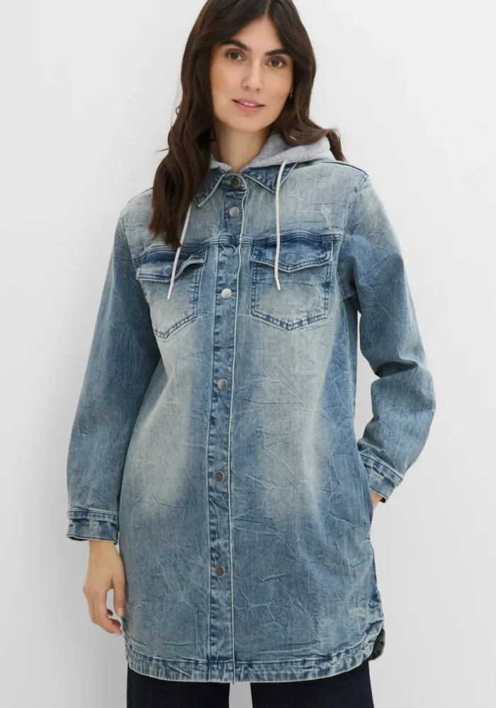 bonprix Jeansjacke mit Kapuze lange, bequeme Passform, mit Eingriffs- und Brusttaschen