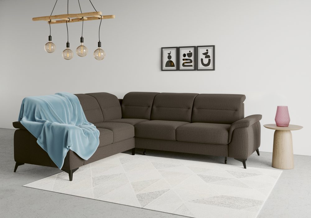 sit&more Ecksofa »Sinatra«, optinal mit Kopfteilverstellung und Armteilfunktion oder mit Kopfteilverstellung, Armteilfunktion, Bettfunktion und Schubkasten, langer Schenkel links oder rechts bestellbar, mattschwarze Metallfüsse