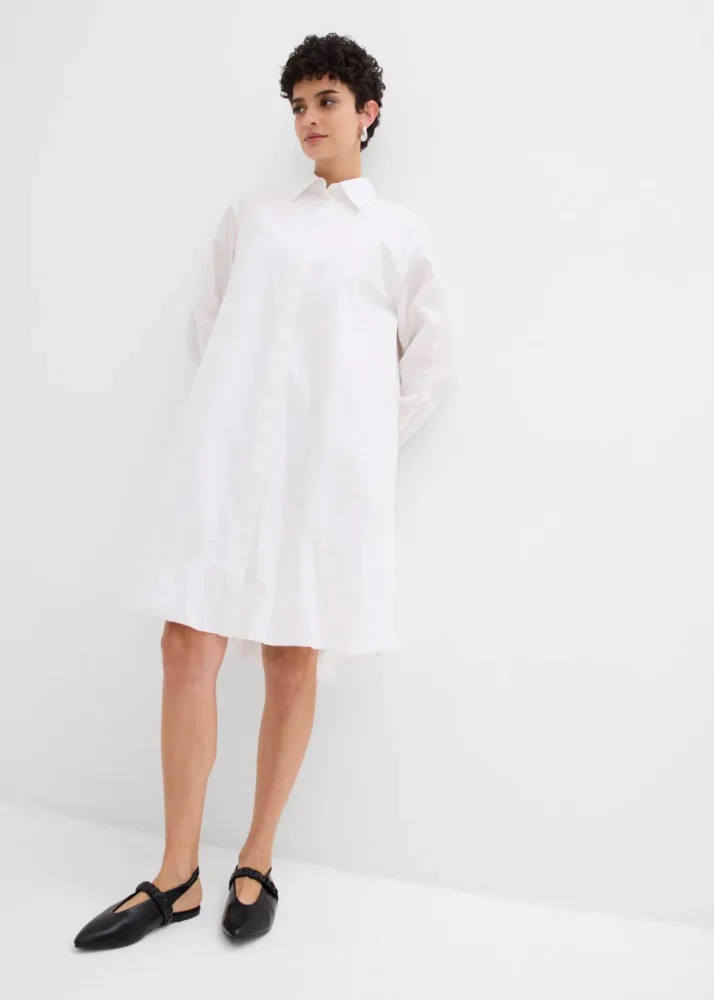 bonprix Hemdblusenkleid mit Ballonsaum aus reiner Baumwolleweiß 38Damen