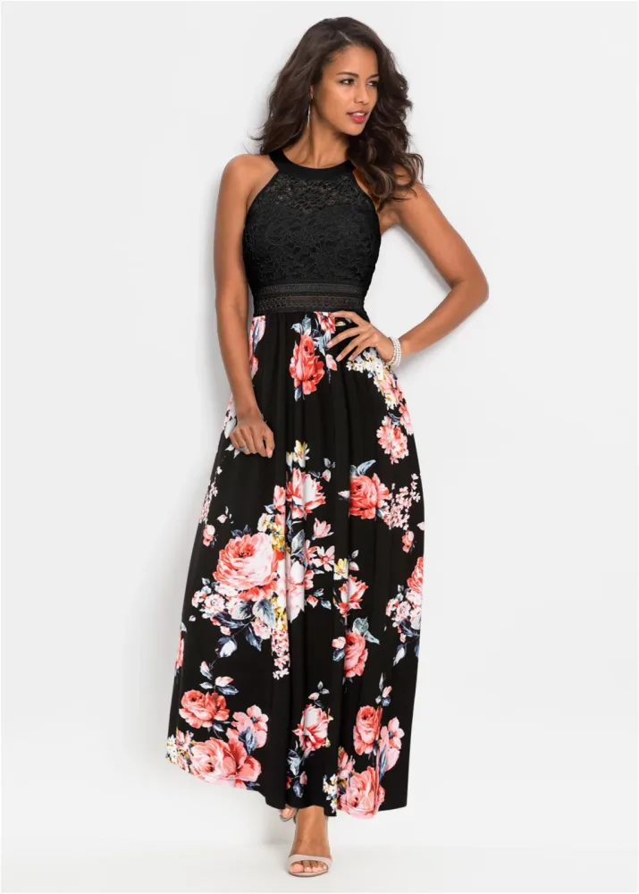 bonprix Maxikleid mit Blumen-Print und Spitzeschwarz 50Damen