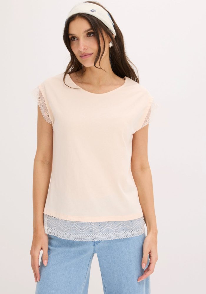 bonprix T-Shirt bequeme Passform, überschnittene Schultern, mit Spitzendetails