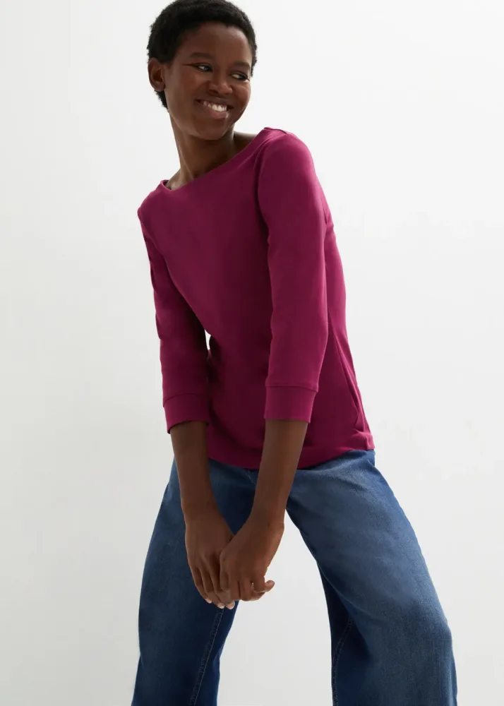 bonprix Langarmshirt mit 3/4-Arm, U-Boot-Ausschnitt, bequeme Passform, aus Baumwolle