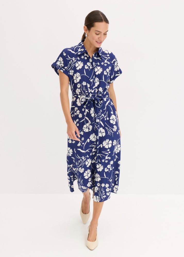 bonprix Blusenkleid feminin geschnitten, mit Hemdblusenkragen, Kurzarm, mit Bindeband