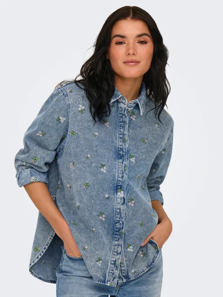 Only - Geblümtes Jeanshemd, für Damen, Blau, Größe S