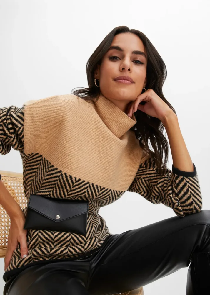 bonprix Strickpullover zweifarbig mit Fischgrätmuster, mit Stehkragen, bequem