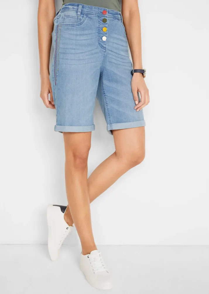 bonprix Jeans Bermuda Mid Waist mit Stickerei und Bequembundblau 44Damen