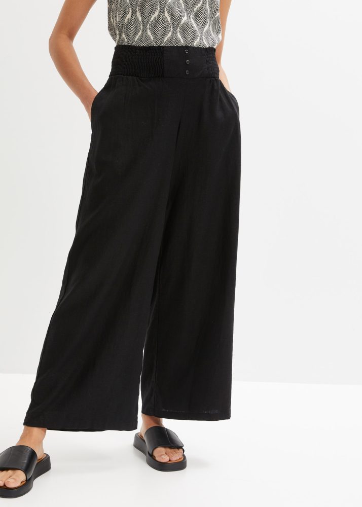 bonprix Marlene-Hose Mix aus Leinen und Viskose, gesmokter Bund mit Knopfdetail, Loose Fit