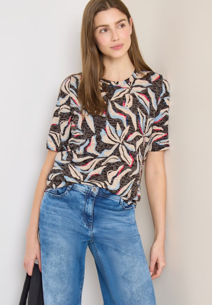 Cecil Rundhalsshirt Ausbrenner Shirt mit floralem Muster