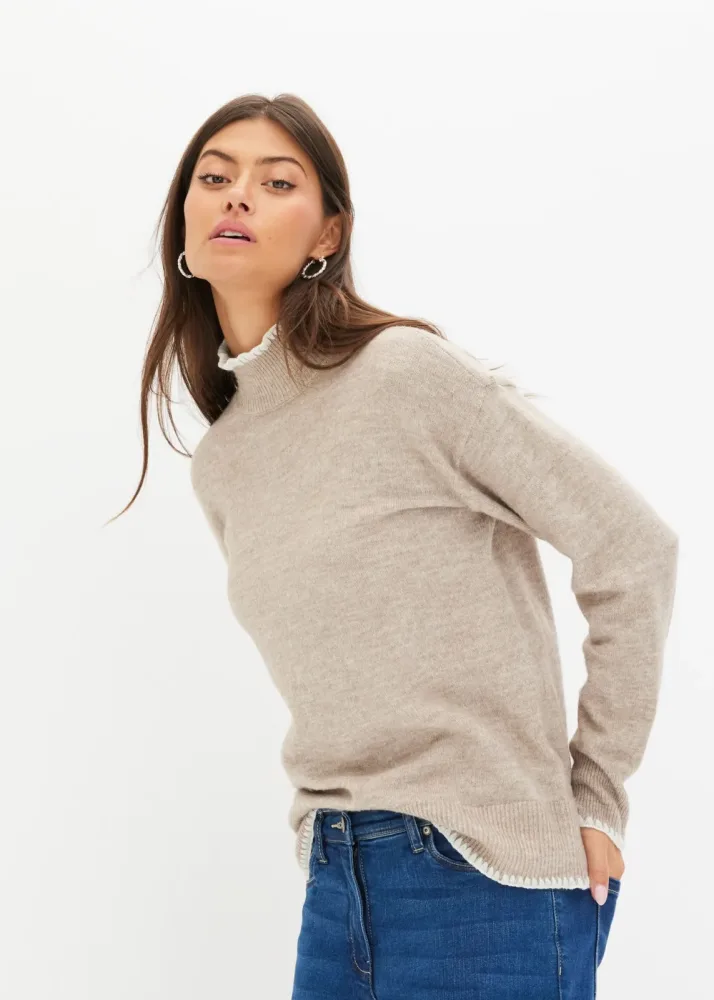 bonprix Strickpullover mit Stehkragen, kontrastfarbige Häkelkanten, bequem, meliert