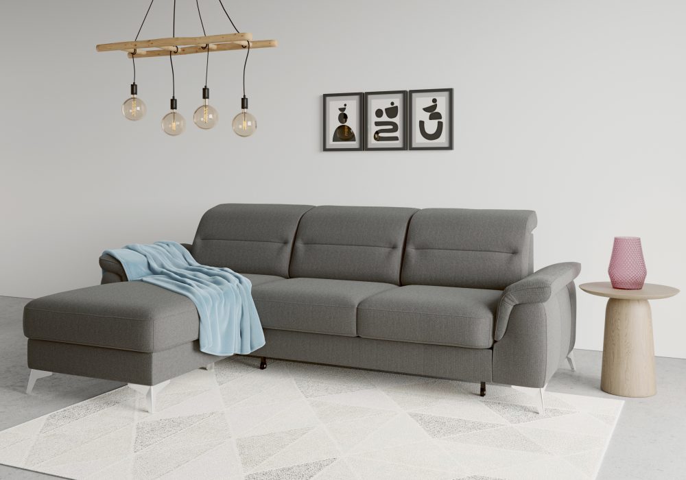 sit&more Ecksofa »Sinatra«, mit Recamiere, optinal mit Kopfteilverstellung und Armteilfunktion oder Kopfteilverstellung, Armteilfunktion, Bettfunktion und Bettkasten, chromfarbene Metallfüsse