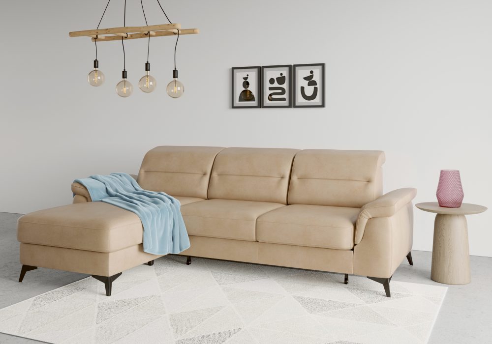 sit&more Ecksofa »Sinatra«, mit Recamiere, optional mit Kopfteilverstellung und Armteilfunktion oder mit Kopfteilverstellung, Armteilfunktion, Bettfunktion und Bettkasten, mattschwarze Metallfüsse