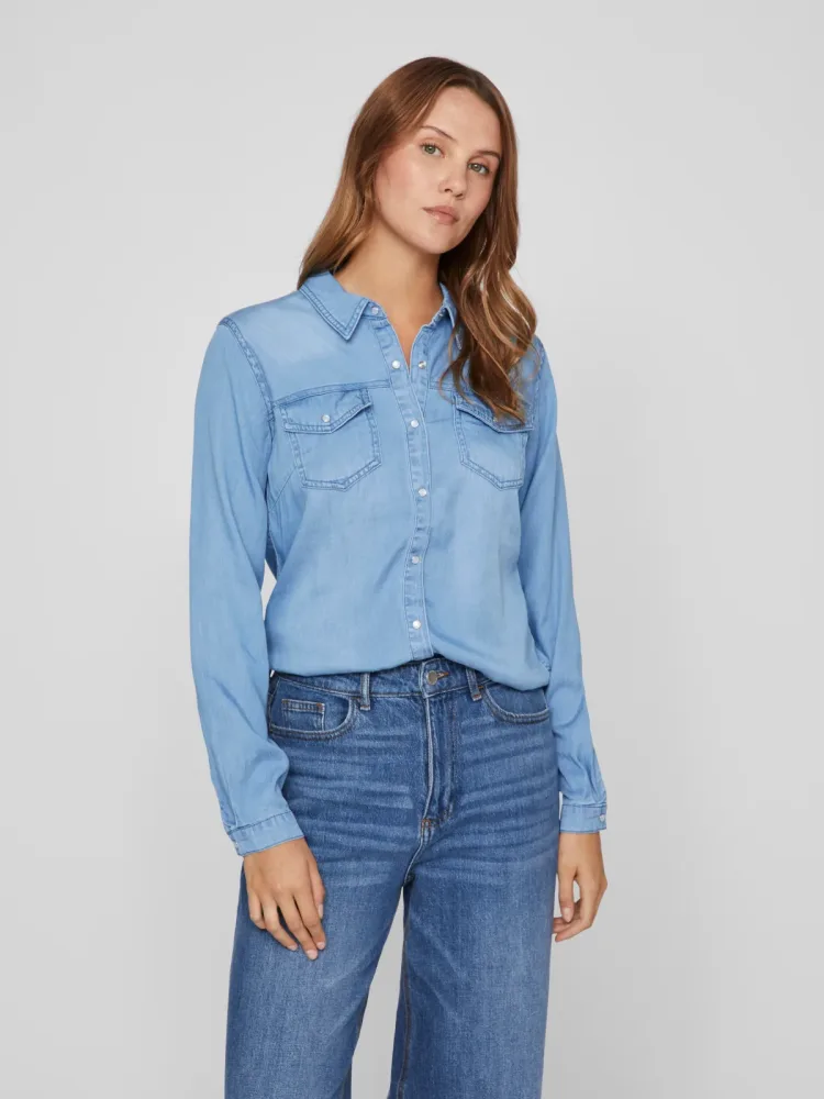 VILA - Jeanshemd, langarm, für Damen, Blau Denim Dunkel, Größe M