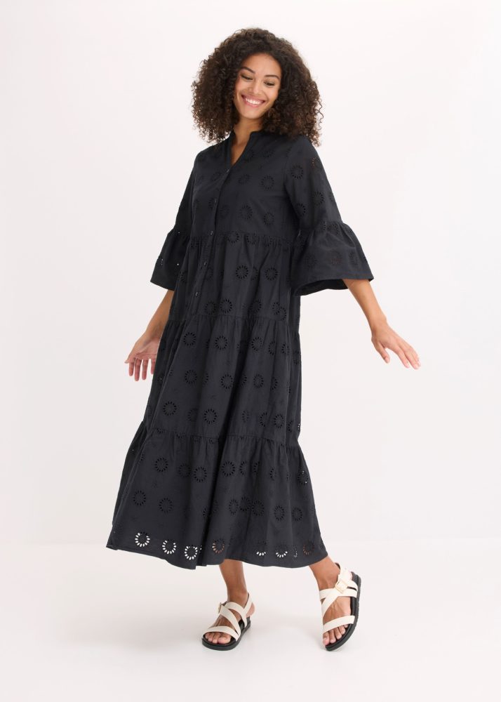 bonprix Midikleid aus reiner Baumwolle, A-Linien-Passform, 3/4-Ärmel, mit Stehkragen