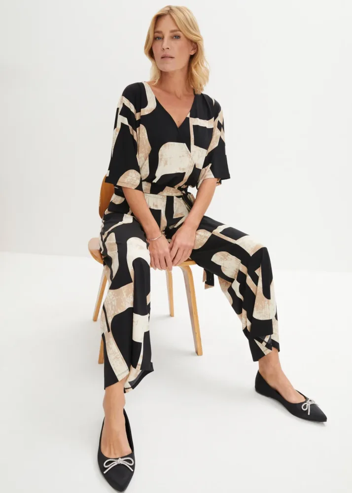 bonprix Jumpsuit bequeme Passform, mit 3/4-Ärmeln, elastischer Materialmix