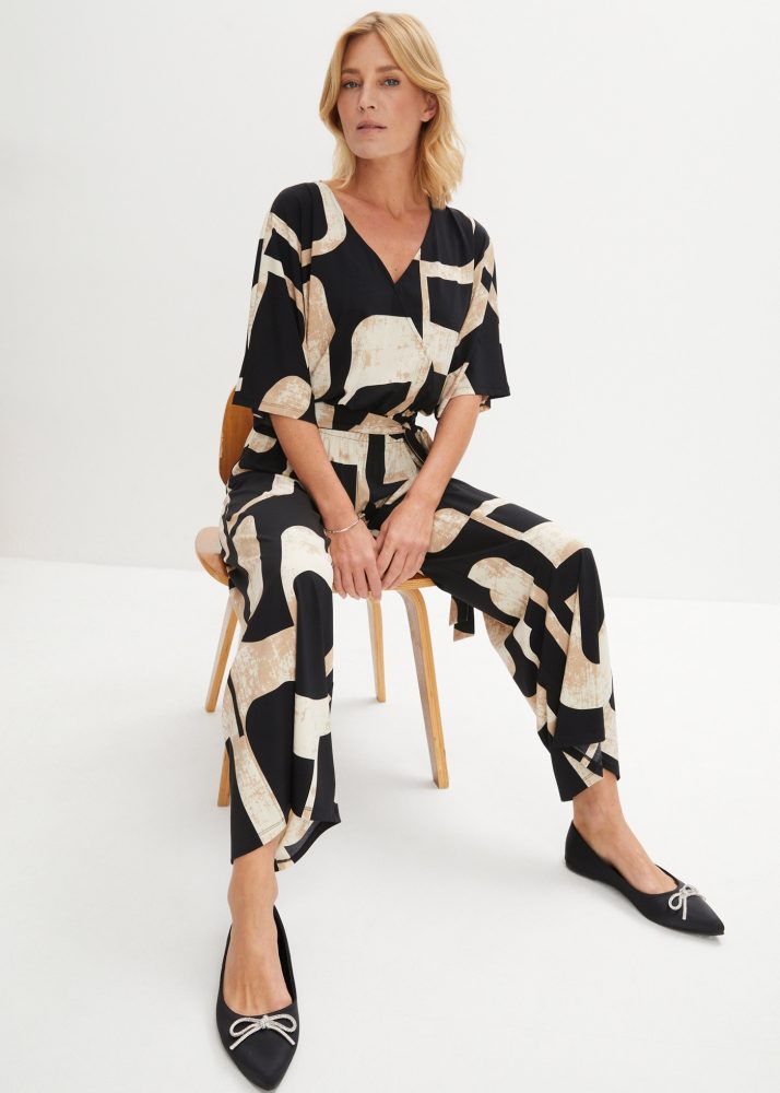 bonprix Jumpsuit bequeme Passform, mit 3/4-Ärmeln, elastischer Materialmix